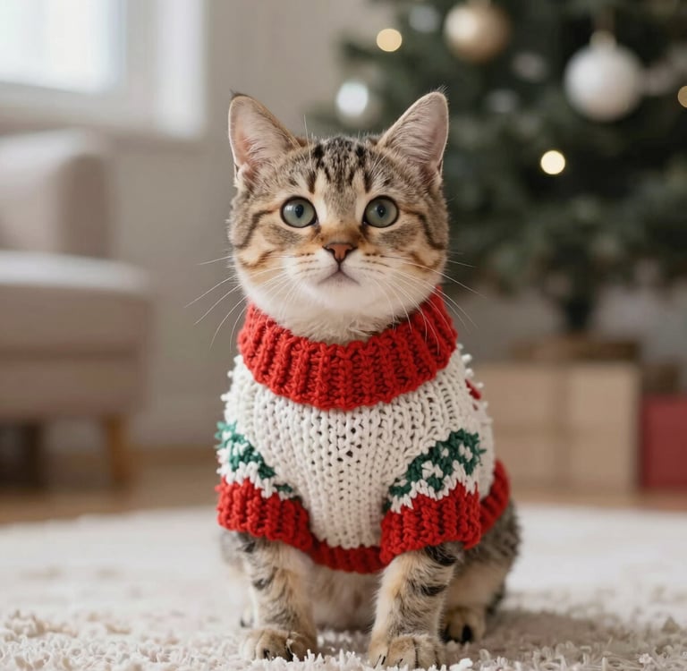 Un lindo gatito atigrado con un festivo suéter navideño de punto