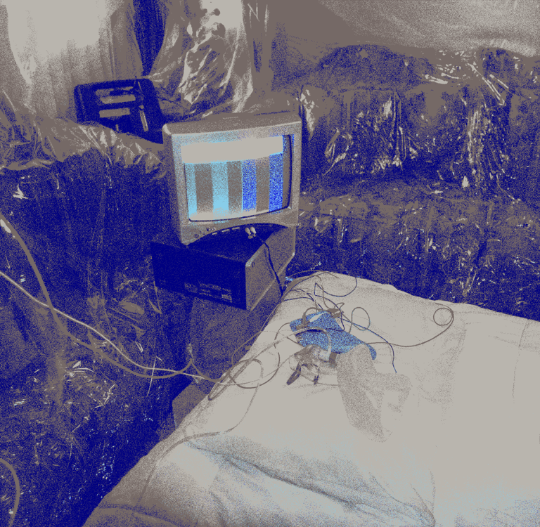 PROP system on TV screen with wires and cables surrounding