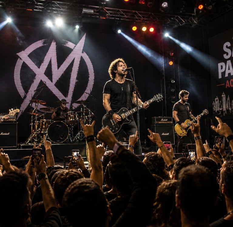 Banda de rock se apresentando ao vivo em evento em São Paulo com público animado