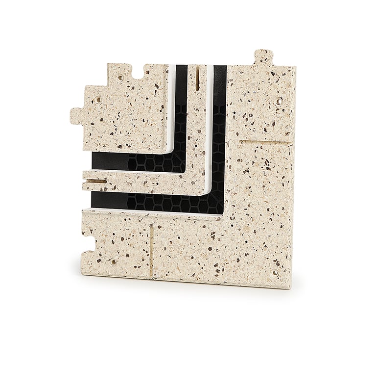 ERGOVENT LINEO PRO PUZZLE 2-slot moulage 20x20 right-angle corner piece showing dual slot grilles and puzzle lock edges