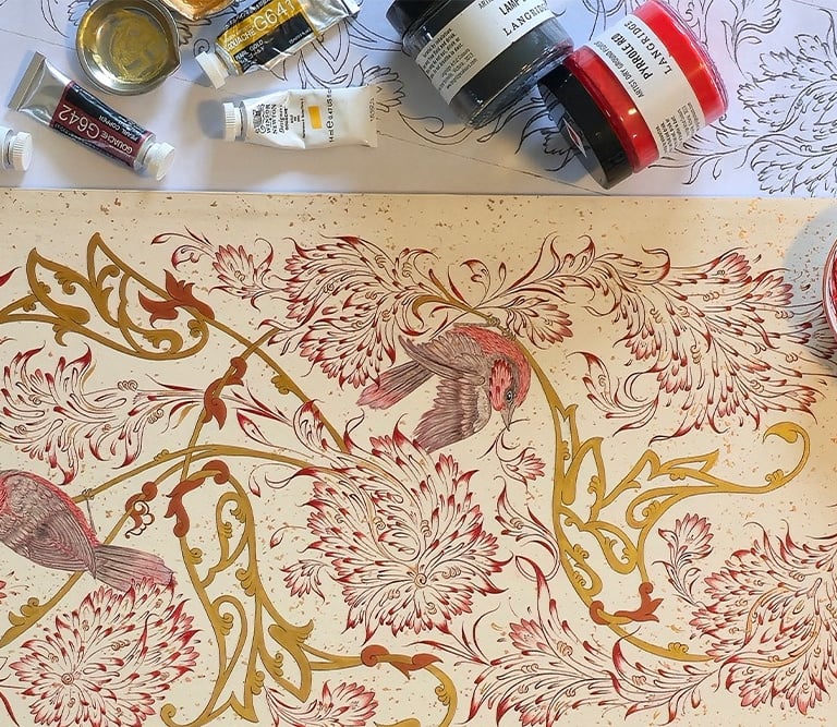 a painting of a painting of a bird on a table