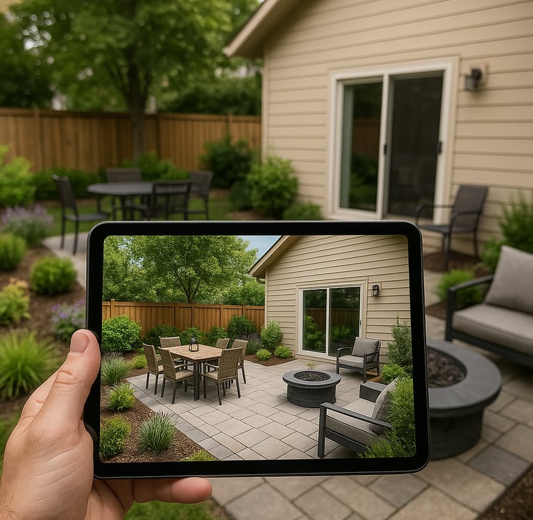 Homeowner reviewing a backyard 3D construction rendering before an outdoor living project
