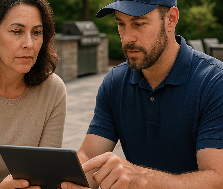 Homeowner and outdoor contractor reviewing project updates together on a patio with a tablet