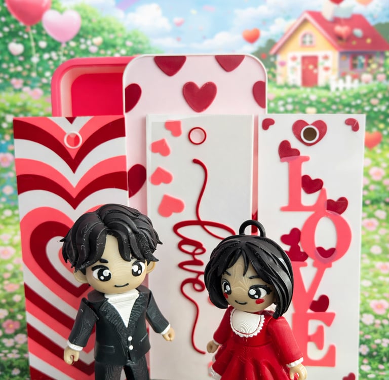 cute valentines 'mini me' chibi figures with bookmarks and storage box