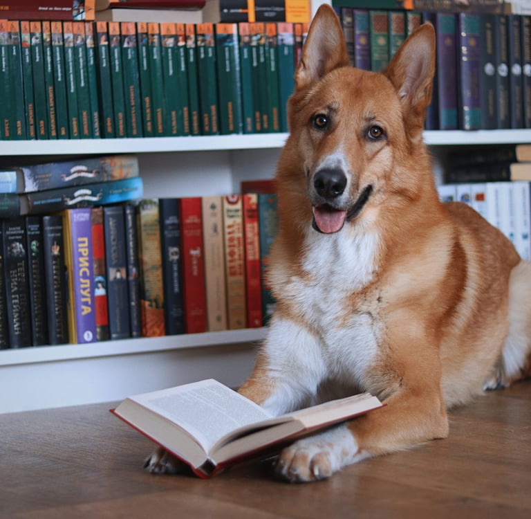 Dog laying on ground with open book on paws