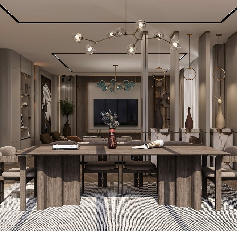 Antalya Villa E modern salon ve yemek alanı iç mimari tasarımı