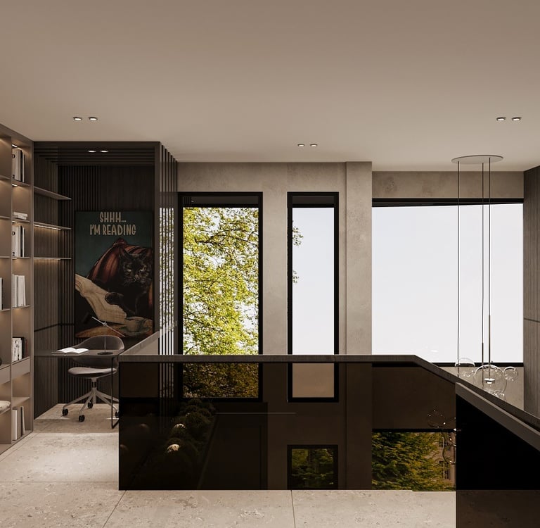 Villa T Antalya üst kat galeri boşluğu ve çalışma alanı-La Féra Interior Design