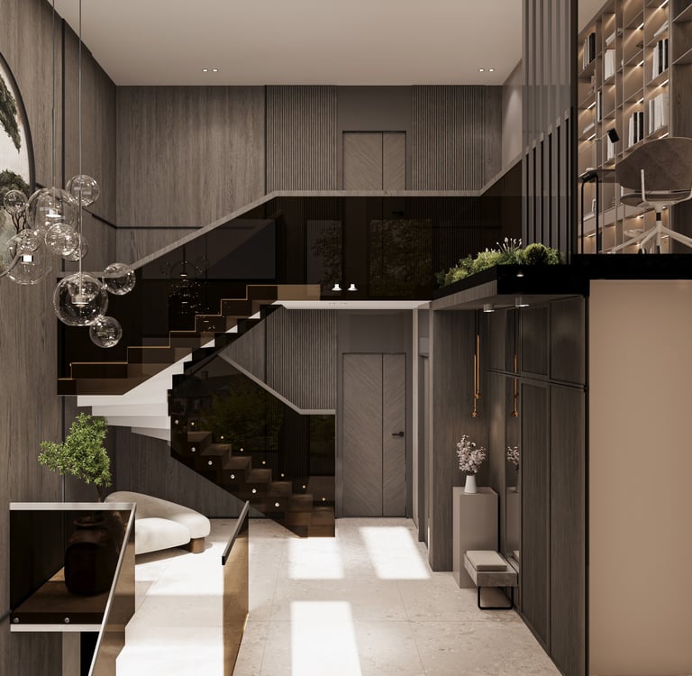 Villa T antalya galeri boşluğu ve merdiven alanı iç mimari tasarımı-La Féra Interior Design