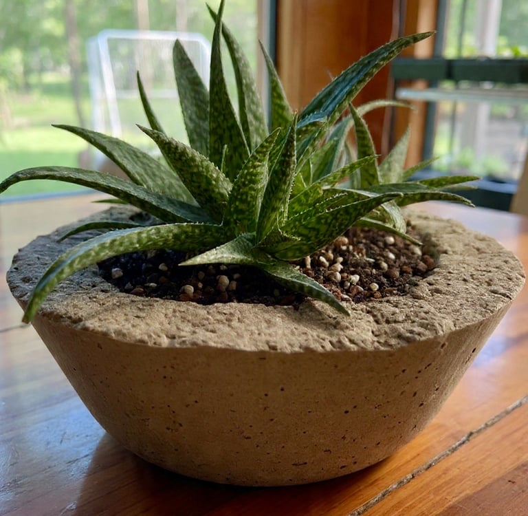 A vibrant green Haworthia succulent plant growing in a round concrete bowl on a wooden table.