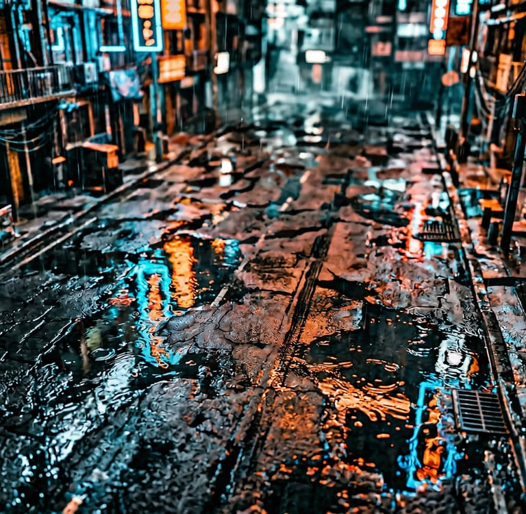 Rainy cyberpunk city street at night with neon light reflections on wet cracked asphalt.