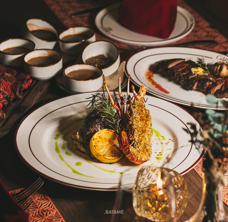 Steak sirloin with grilled lobster at Garden Bay Batam