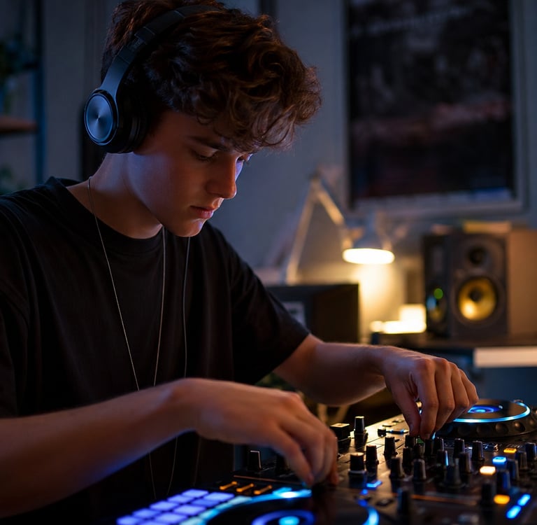 DJ iniciante aprendendo mixagem em setup profissional com controladora