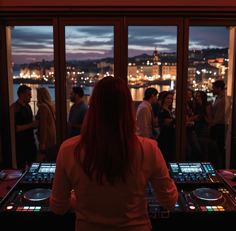 Uma DJ mixando música em uma sala com vista para a cidade.