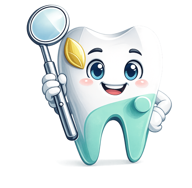 Linda mascota de diente caricaturizado sosteniendo un espejo dental, ideal para odontopediatría y cu