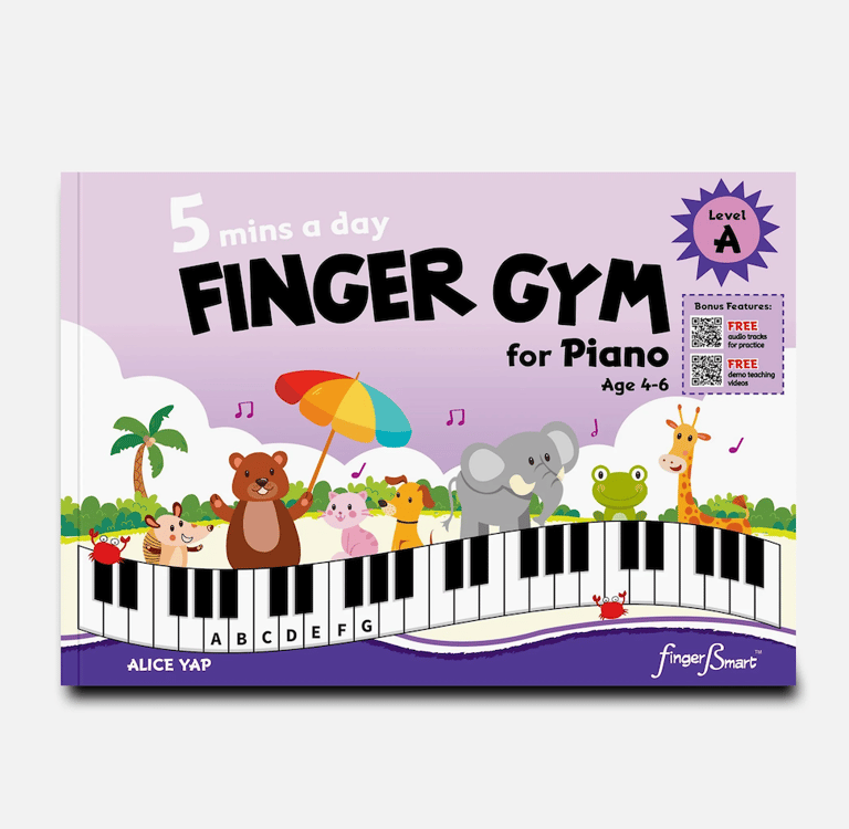 Finger Gym for Piano Level A book cover featuring cartoon animals on a piano keyboard for kids ages 4-6.
