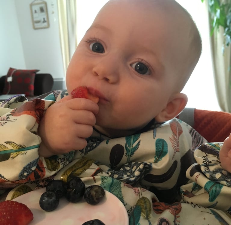 Bébé commençant la diversification alimentaire, mangeant des fruits