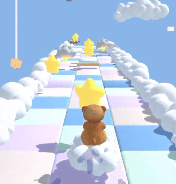 A brown teddy bear character running on a colorful cloud path in a 3D mobile game sky world.