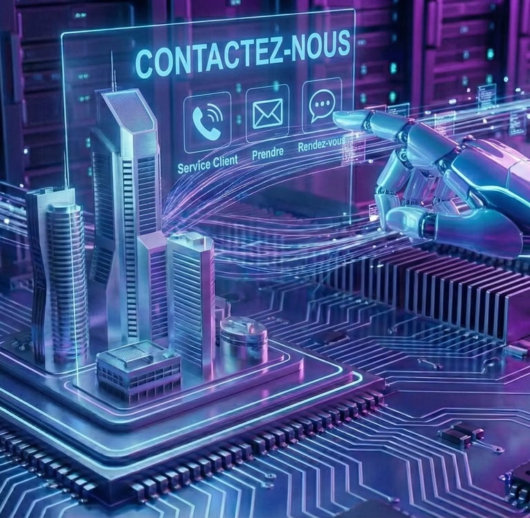 Main robotique activant une interface de contact client virtuelle sur fond de serveurs