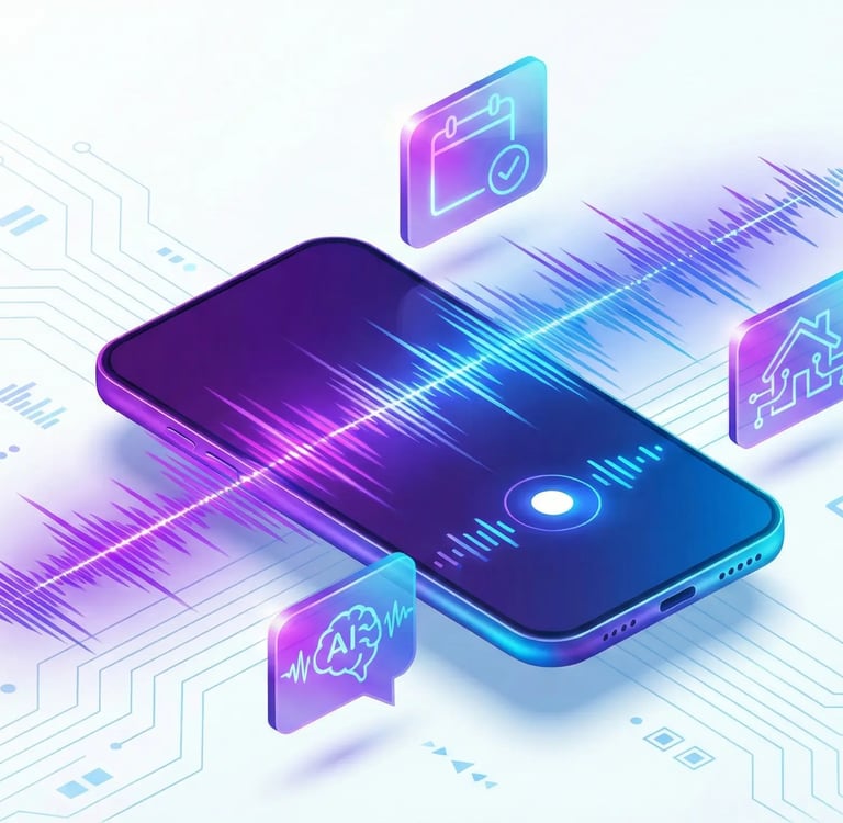 Illustration isométrique d'un smartphone connecté à l'IA, au calendrier et aux données immobilières