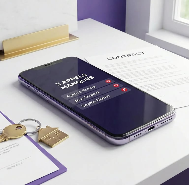 Smartphone sur un bureau d'agent immobilier affichant plusieurs appels manqués de prospects vendeurs