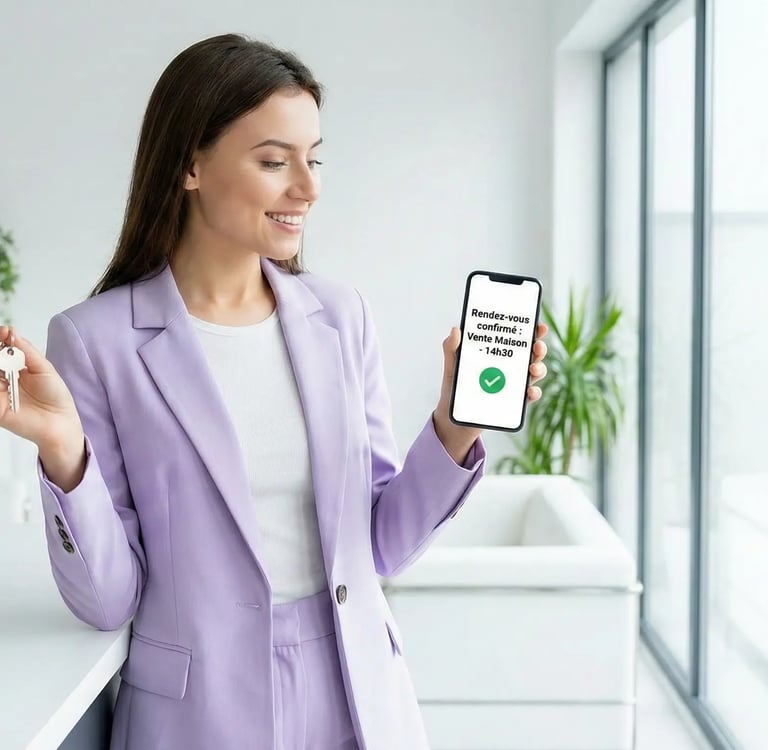 Agente immobilière souriante tenant des clés et un téléphone confirmant un rendez-vous vendeur automatiquement