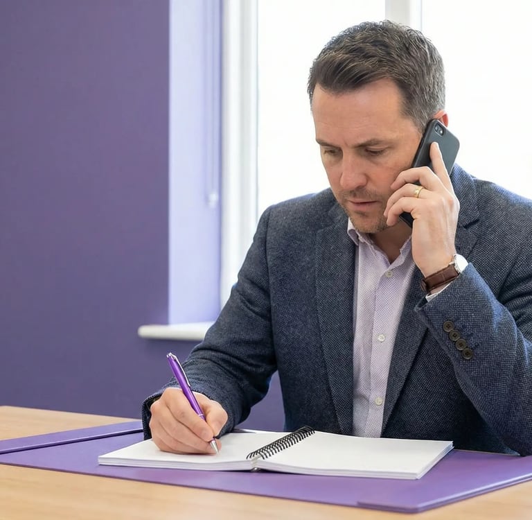 Agent immobilier au téléphone prenant des notes pour qualifier un prospect vendeur rapidement