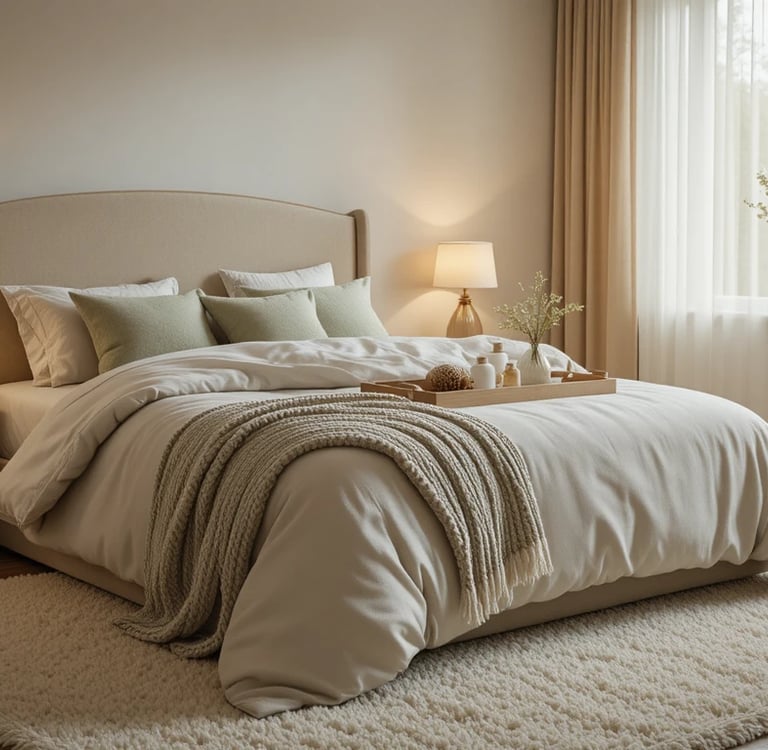 cozy bedroom with layered linen bedding in warm ivory and soft sage, a chunky knit throw draped over