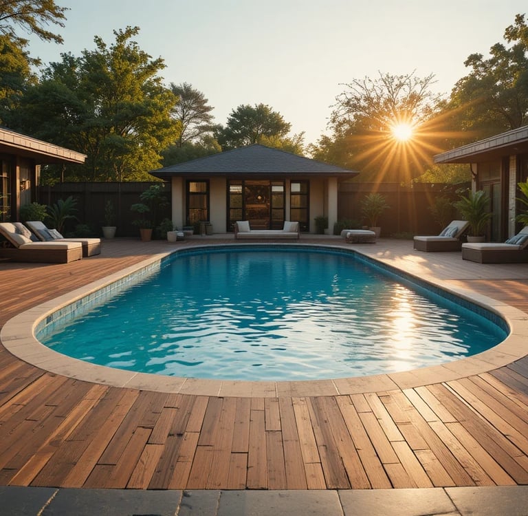 Cinematic luxury backyard scene featuring a fully transformed above ground pool with a beautifully d