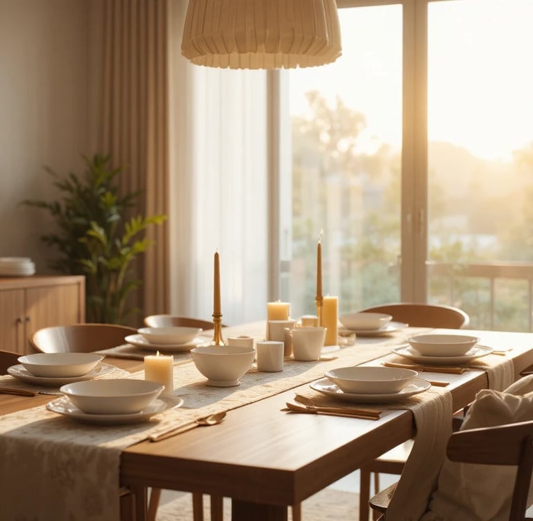 A cozy modern dining room interior with warm golden hour lighting, wooden dining table
