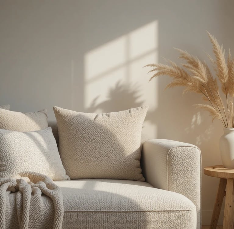 Aesthetic close-up of a cozy minimalist living room corner, soft neutral tones, plush sofa with text