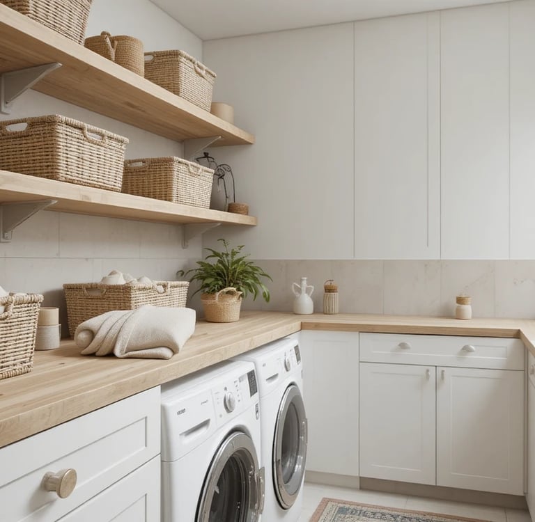 A minimalist laundry room with layered textures including light wood shelves