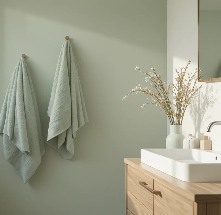 A minimalist bathroom scene with a cohesive color palette of cream, sage green, and warm wood tones,