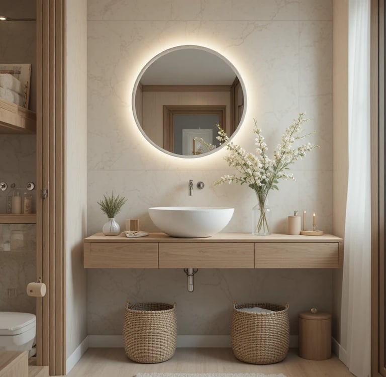 Aesthetic tiny bathroom designed for modern apartment living, compact yet luxurious space, floating 