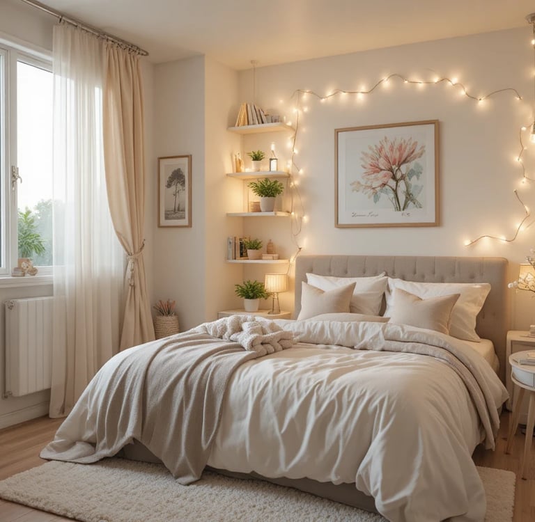 A dreamy small bedroom designed for a tiny space, soft neutral color palette with white, beige,