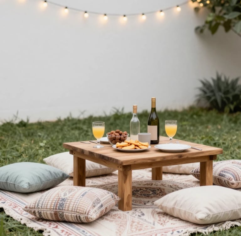 Aesthetic outdoor garden party setup with boho picnic style seating, layered rugs and cushions