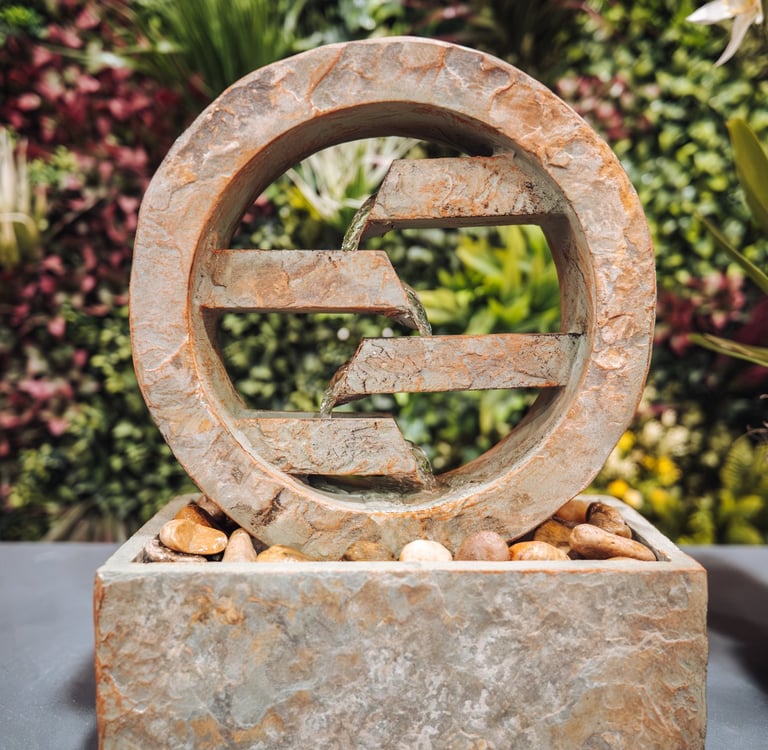 A circular stone tiered desktop water fountain with flowing water against a lush green wall.