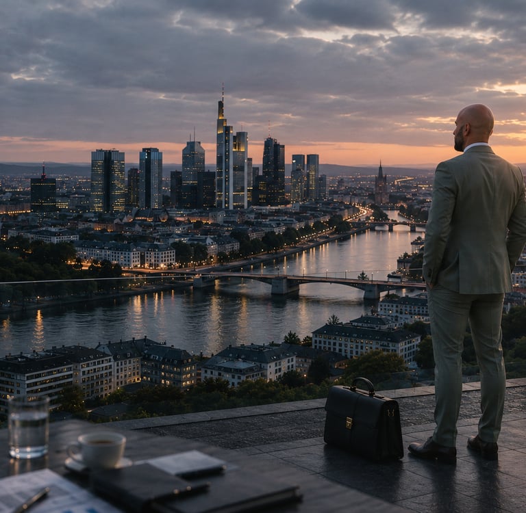 Unternehmer blickt auf die Frankfurter Skyline und seine berufliche Zukunft