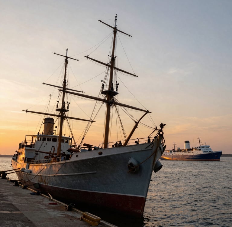 An Anchored ship while another ship sails freely.