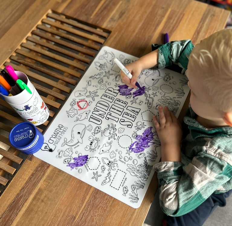 Non-toxic markers, eraser cloths, and storage tubes included with Scribbly Kids reusable drawing mat