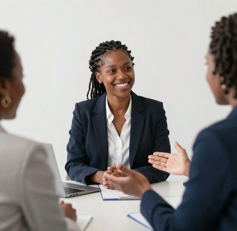 A warm photo of an African American team member welcoming visitors with a friendly smile in a community workspace.
