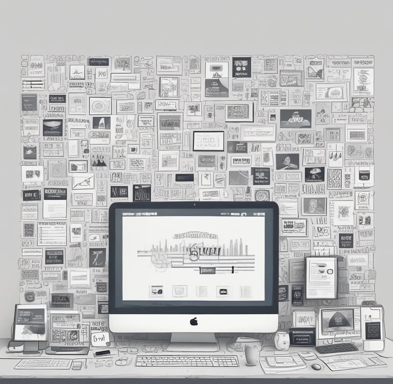 Modern desktop workspace with an Apple iMac computer surrounded by a wall of sketches and UI design wireframes.