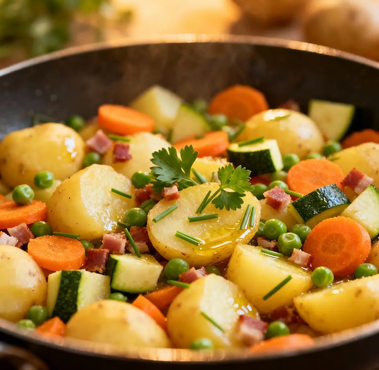Bunte Kartoffel-Gemüse-Pfanne in einer Pfanne, mit Kräutern garniert.