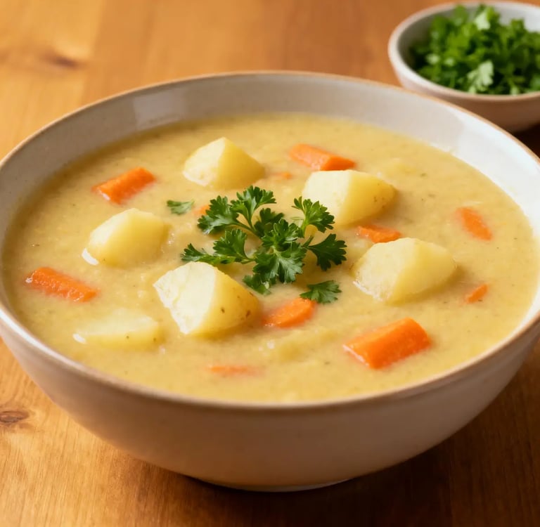  Cremige Kartoffel-Möhren-Suppe in einer Schale, mit Sahnetupfer  und frischer Petersilie garniert.