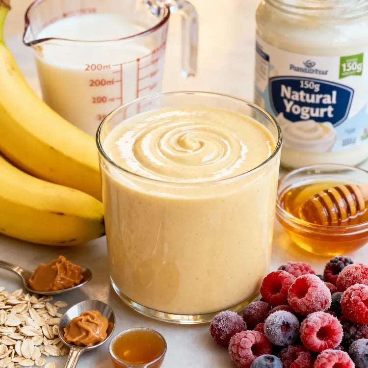  Cremiger  Smoothie in einem Glas, hellgelb und frisch gemixt.