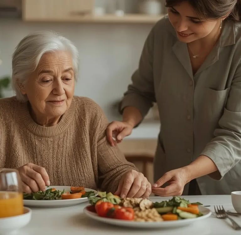Ältere Person sitzt an einem Esstisch mit einer nahrhaften Mahlzeit, unterstützt von einer Angehörigen
