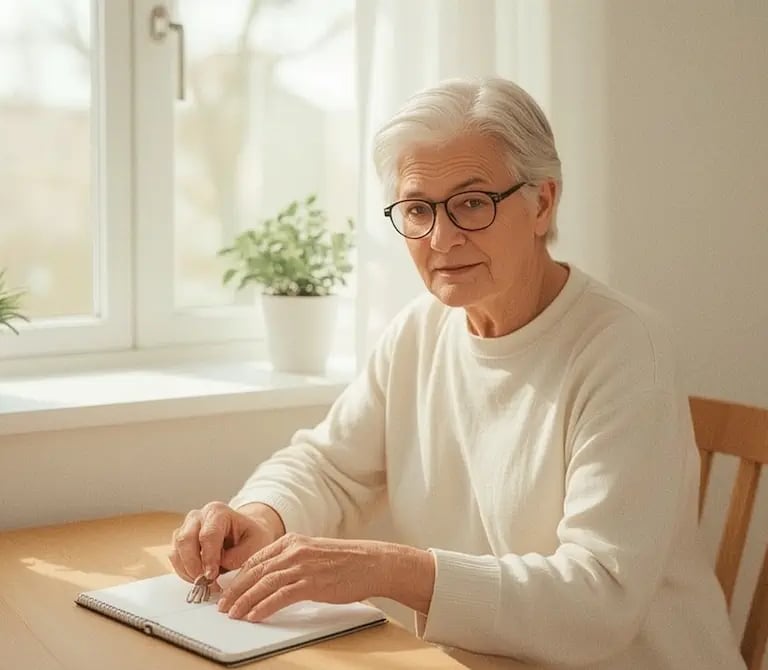 Ruhige Alltagsszene mit einer älteren Person, Notizen liegen auf dem Tisch, vermitteln Orientierung und Gelassenheit