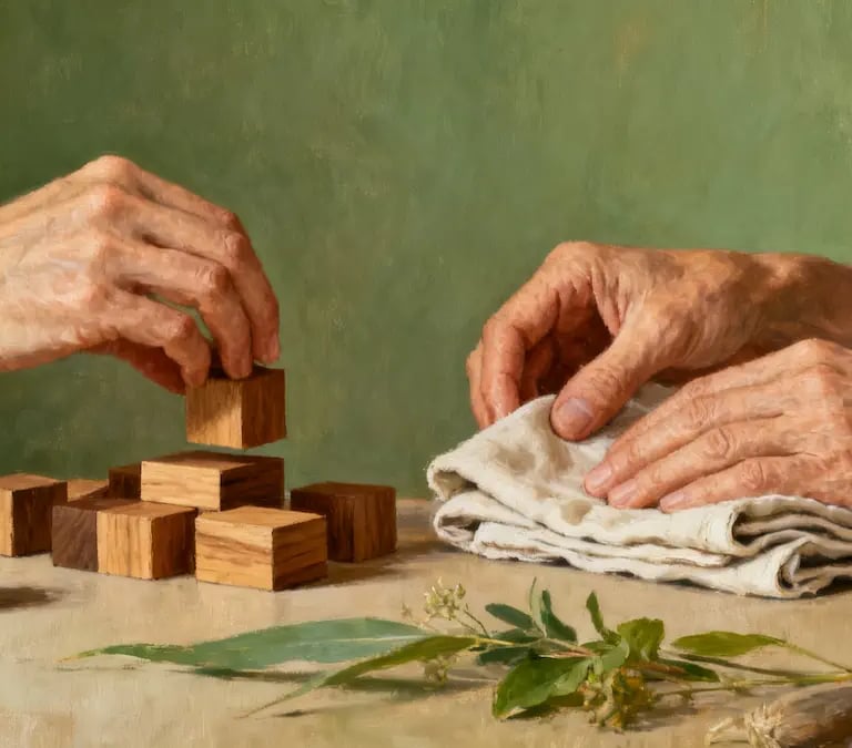 Hände beim Falten von Stoff und Sortieren von Holzbausteinen, als Ausdruck von Ruhe und gezielter Aktivität