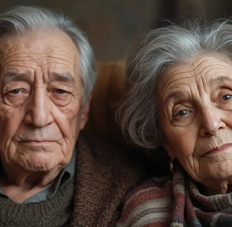 Älterer Mann und ältere Frau sitzen nebeneinander in ruhiger Atmosphäre und zeigen stille Nähe und Unterstützung
