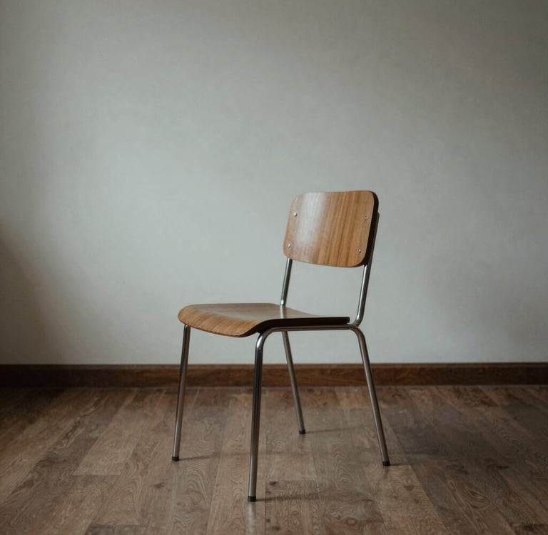 Mid-century modern wooden dining chair with chrome metal legs on a rustic oak hardwood floor.