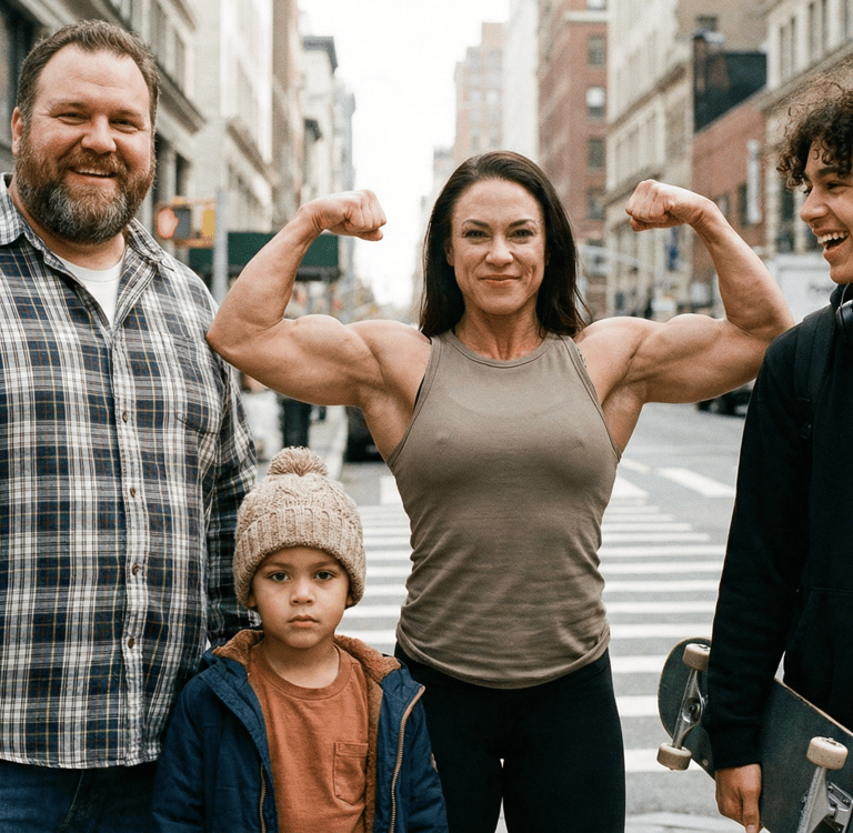 Muscular female bodybuilder flexing biceps with her smiling family on a busy city street corner.